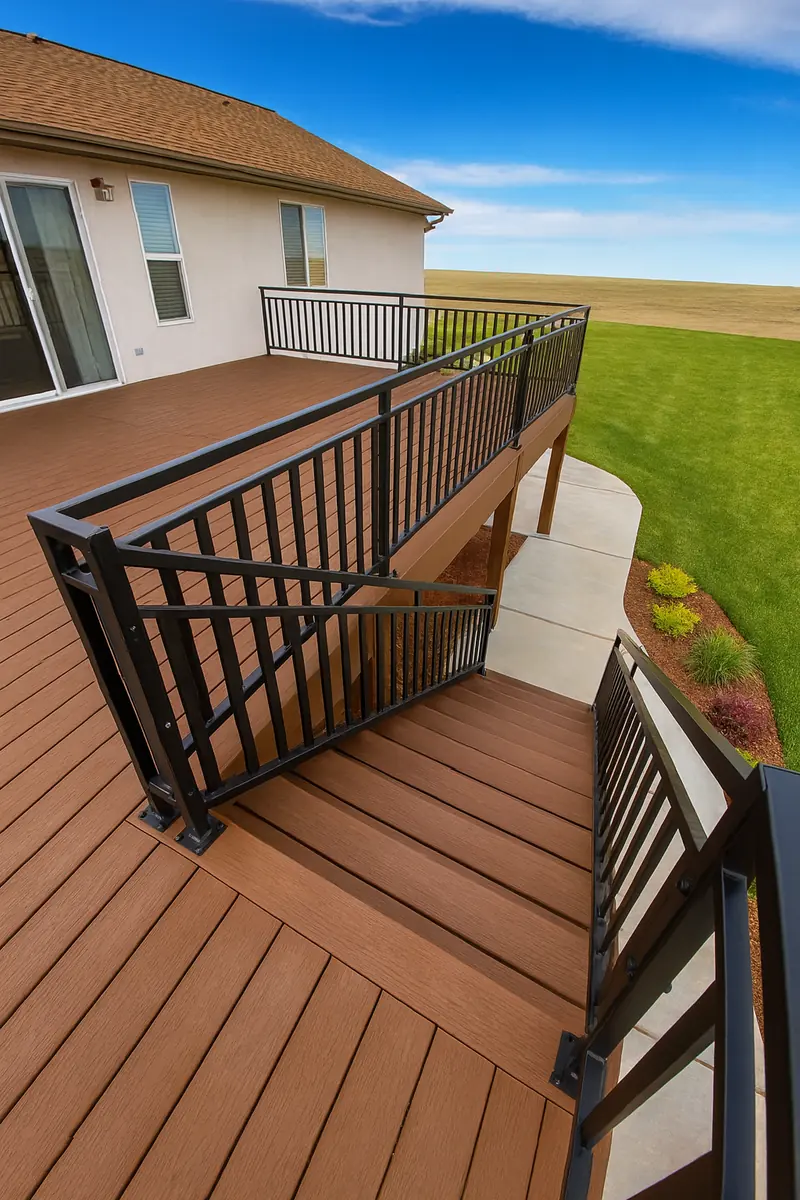The Collins railing in matte-black steel along a deck and stair