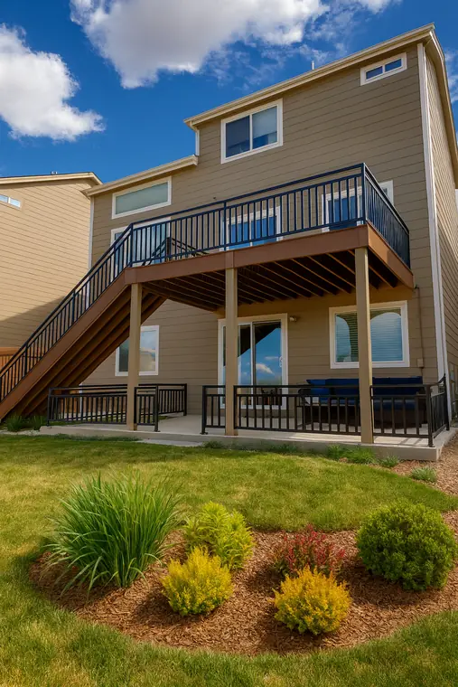 The Collins railing on a second-story deck above a covered patio