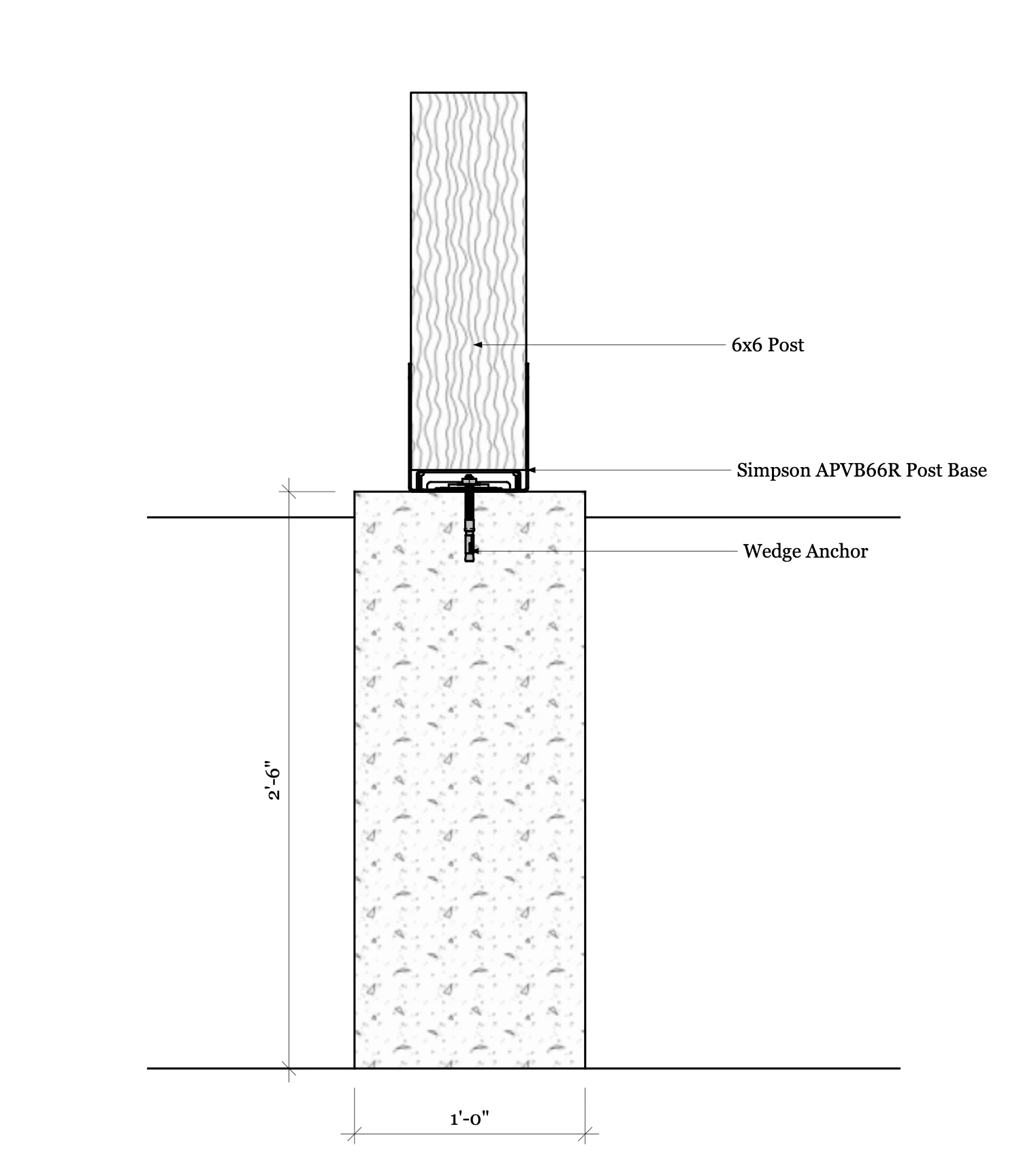 Post and pier detail: a six-by-six post on a Simpson APVB66R post base, fixed with a wedge anchor into a two-foot-six concrete pier one foot across